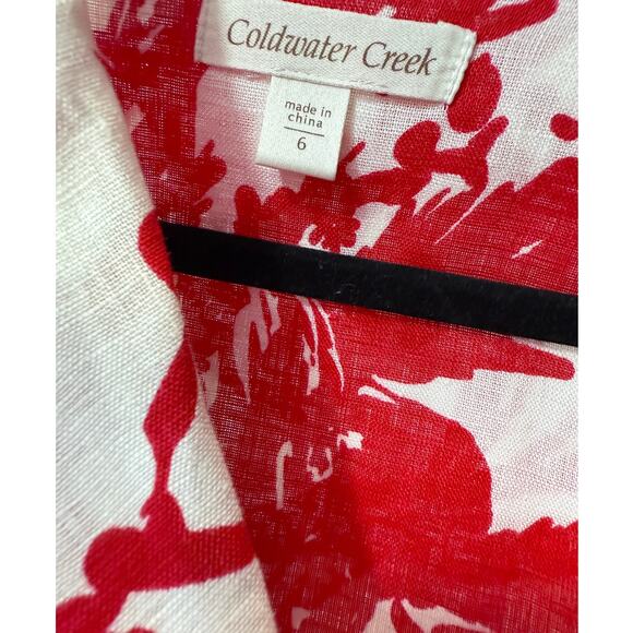 Coldwater Creek Size 6 Womens 100% Linen Top Red White Floral Long Sleeve Button - Picture 3 of 6